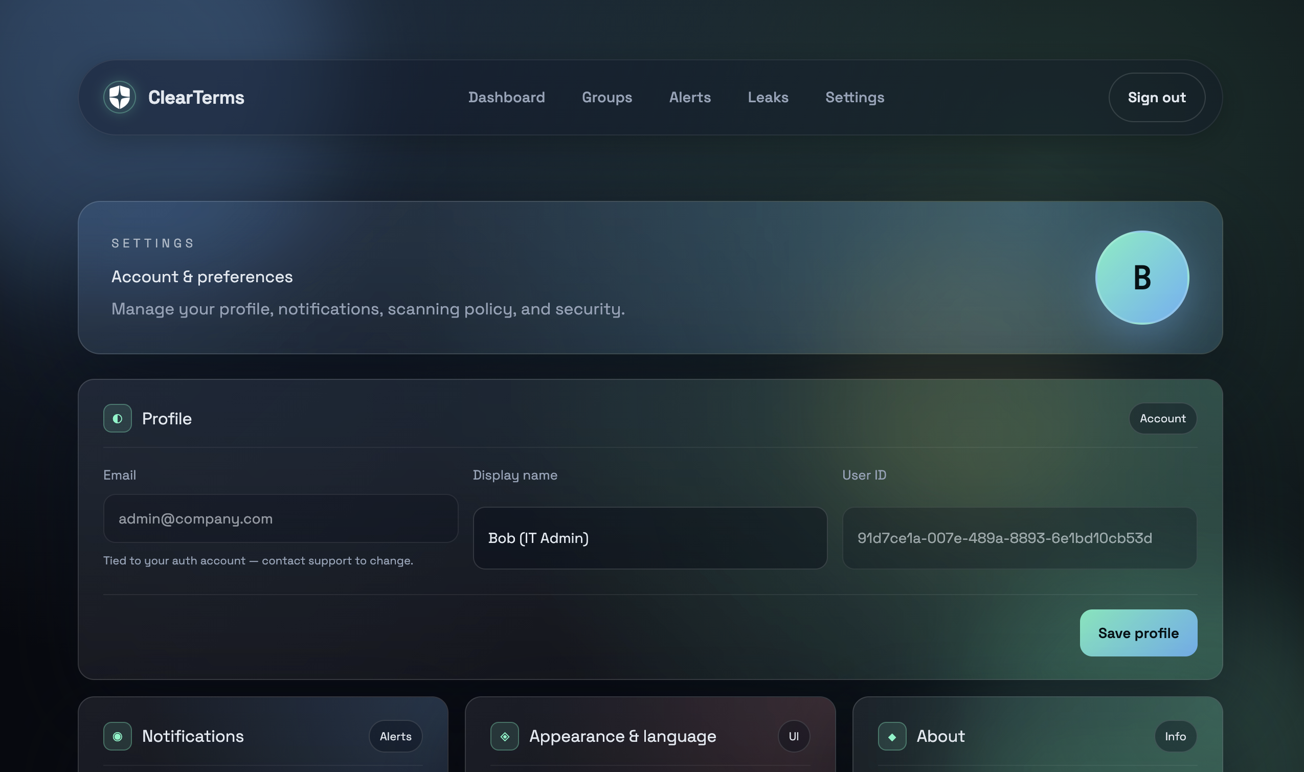 Screenshot: Frontend dashboard